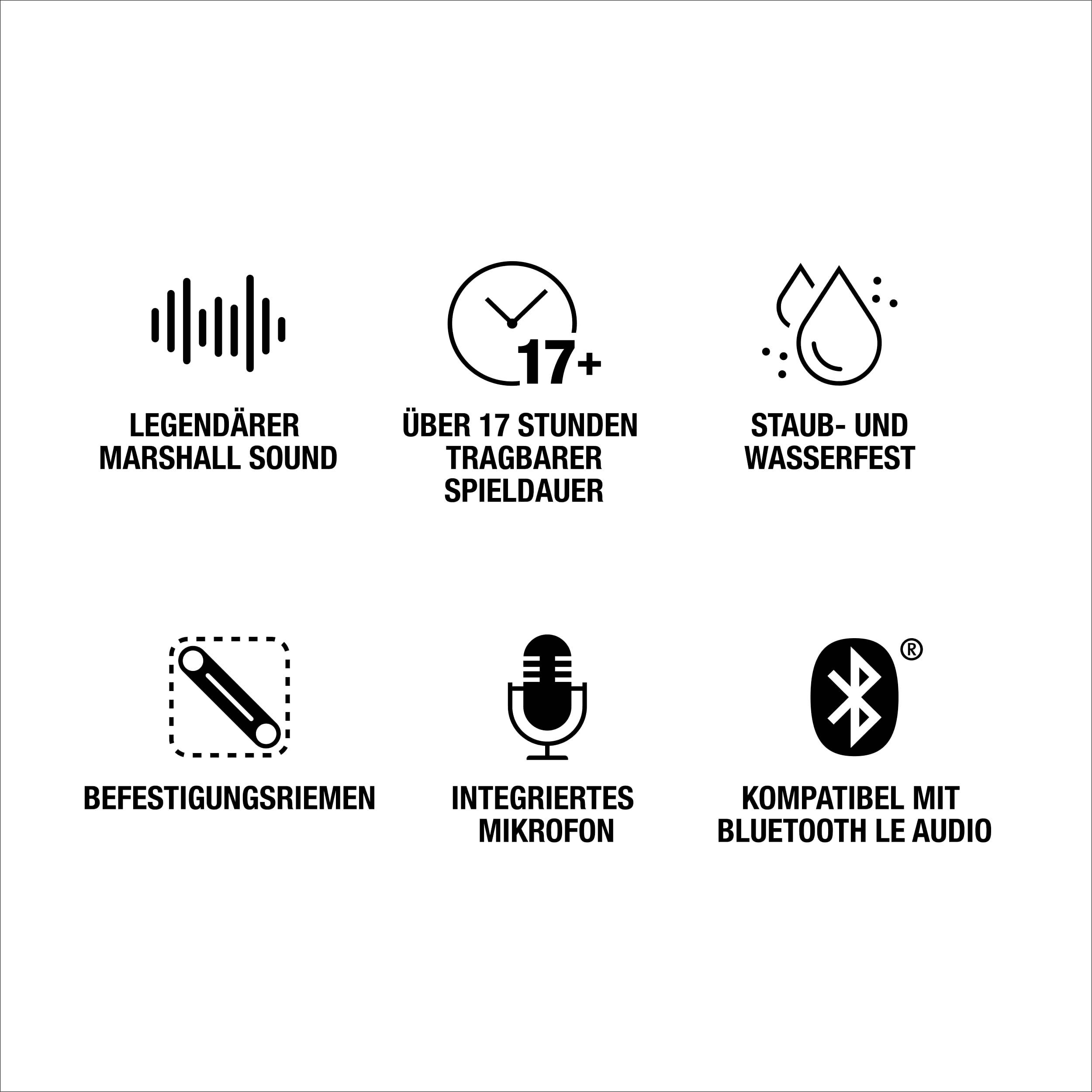 Legendärer Marshall Sound; Über 17 Stunden tragbare Spieldauer; Staub- und wasserfest; Befestigungsriemen; Integriertes Mikrofon; Kompatibel mit Bluetooth LE Audio.