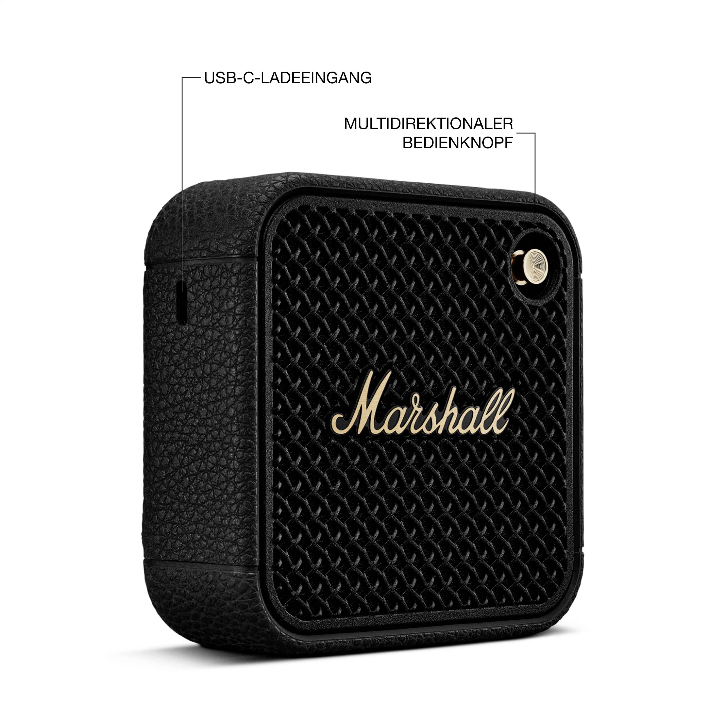Schwarzer, tragbarer Lautsprecher mit dem Logo 'Marshall'. Markiert sind der USB-C-Ladeeingang und ein multidirektionaler Bedienknopf.