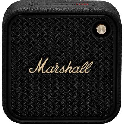 Ein schwarzer tragbarer Lautsprecher mit 'Marshall'-Logo, strukturiertem Gehäuse und einem einzelnen goldenen Bedienknopf.