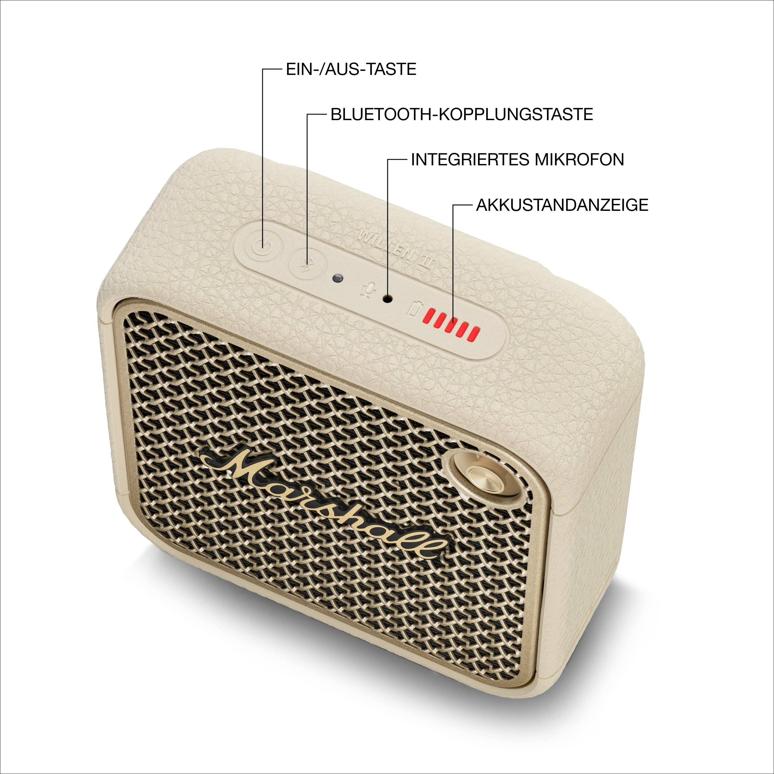 Tragbarer Lautsprecher mit Textbeschriftungen: 'Ein-/Aus-Taste', 'Bluetooth-Kopplungstaste', 'Integriertes Mikrofon', 'Akkustandanzeige'.