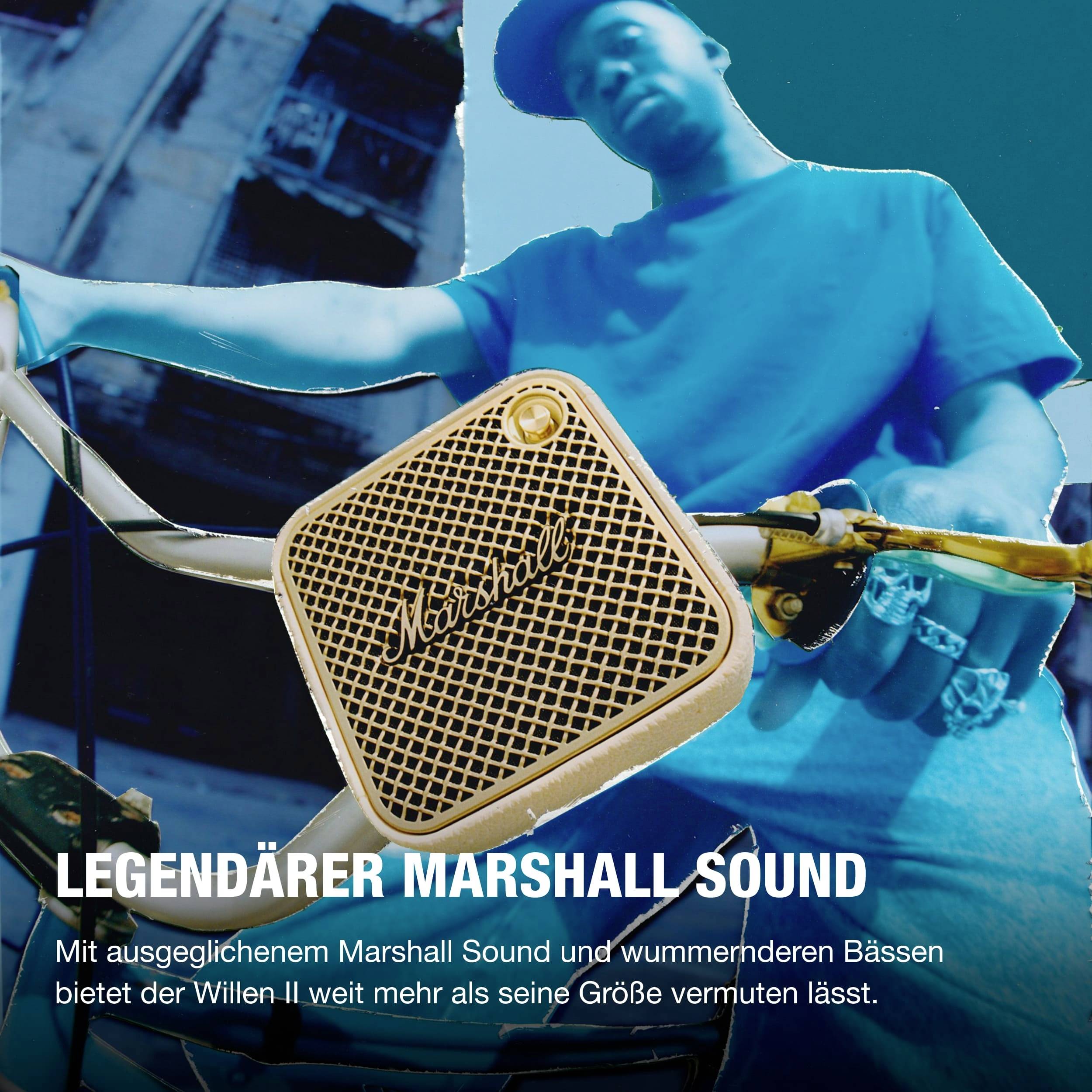 Eine Person hält einen Fahrradradgriff, im Hintergrund strahlt ein blaues Licht. Der Text beschreibt den 'Legendären Marshall Sound'.