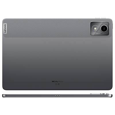 Tablet-Rückseite in dunkelgrau mit Kamera oben rechts und Markenlogo links oben. Darunter 'Dolby Atmos' und weitere kleine Symbole. Gerät ist schlank designt.