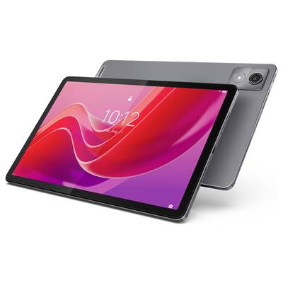 Ein graues Tablet mit einem großen Bildschirm, zeigt eine Uhrzeit von 10:12 und ein Datum. Es liegt schräg auf einem anderen Tablet.