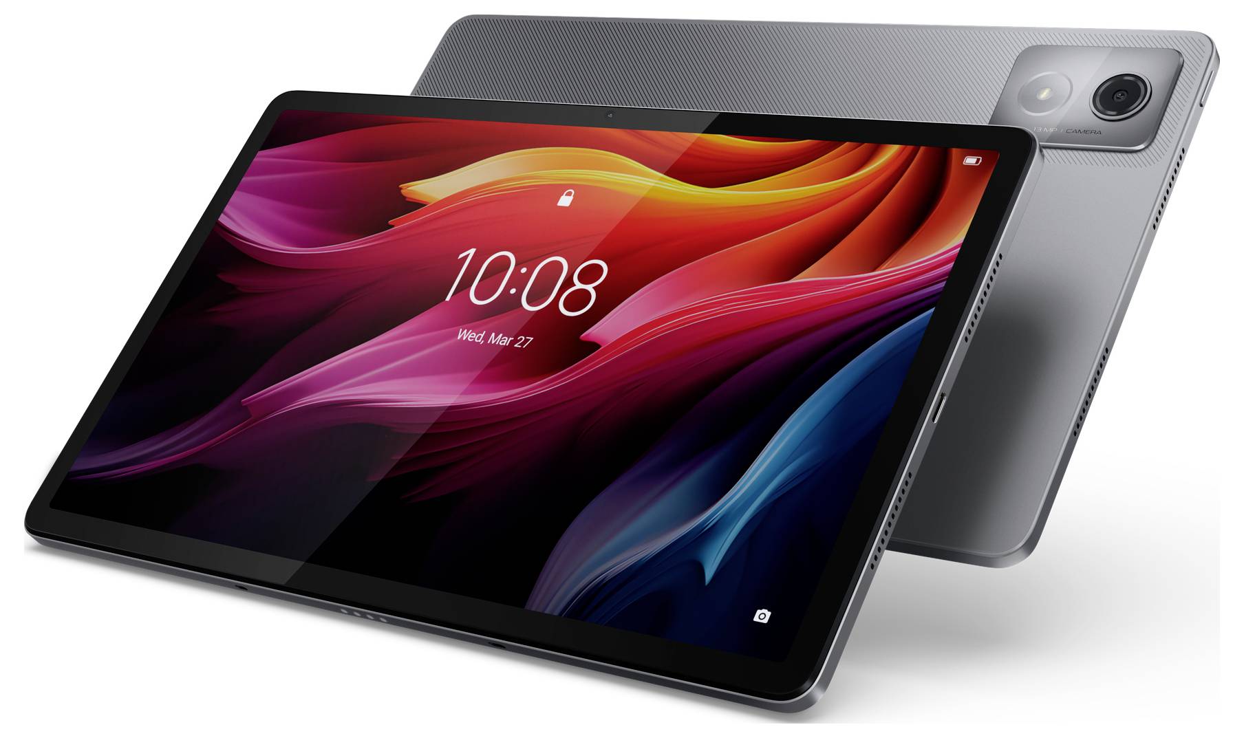 Ein Tablet mit modernem Design, silbernem Gehäuse und einem farbenfrohen, leuchtenden Display. Auf dem Bildschirm ist die Uhrzeit '10:08' angezeigt.