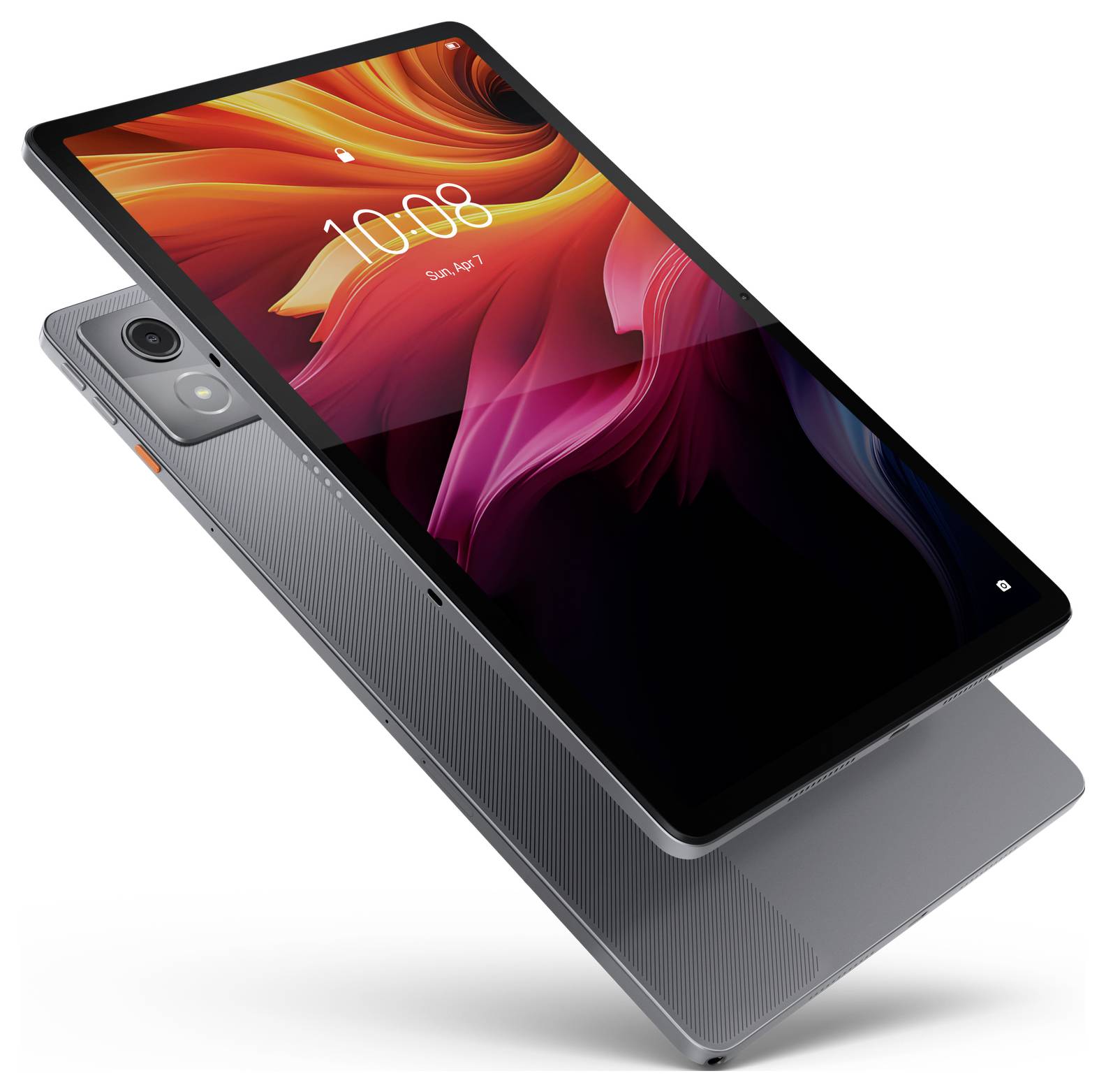 Ein modernes Tablet mit großem Display und schlankem Design, zeigt farbenfrohe Bildschirmgrafik. Zeit im Display: '10:08'.