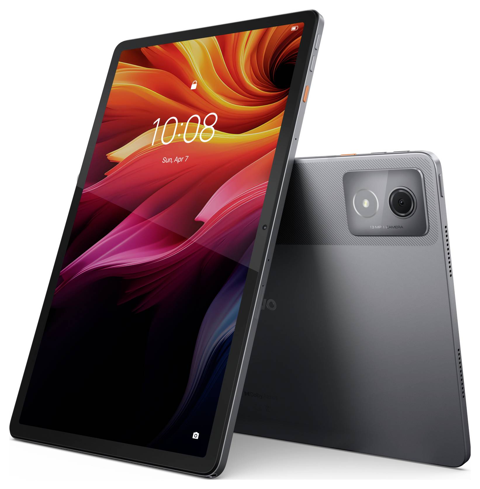 Ein Tablet mit schwarzem Rand und großem Display steht aufrecht. Auf dem Bildschirm sind bunte, fließende Farben und die Uhrzeit '10:08'.