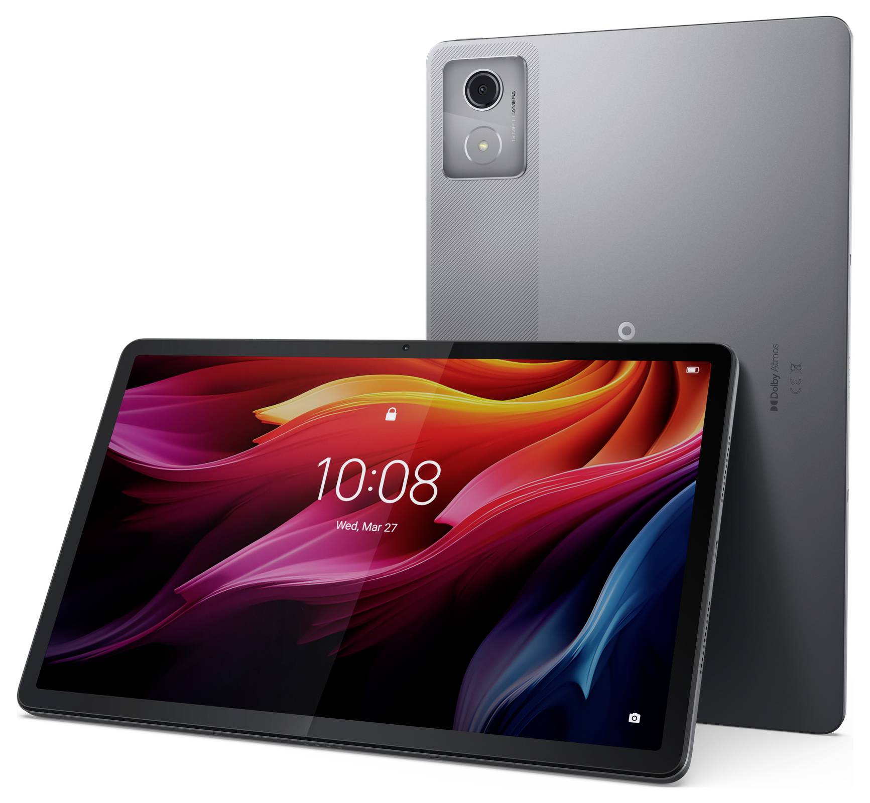 Zwei Tablets in einer schrägen Ansicht. Eins zeigt ein farbenfrohes Display mit Uhrzeit und Datum: '10:08 Wed, Mar 27'. Das andere zeigt die Rückseite mit Kamera.