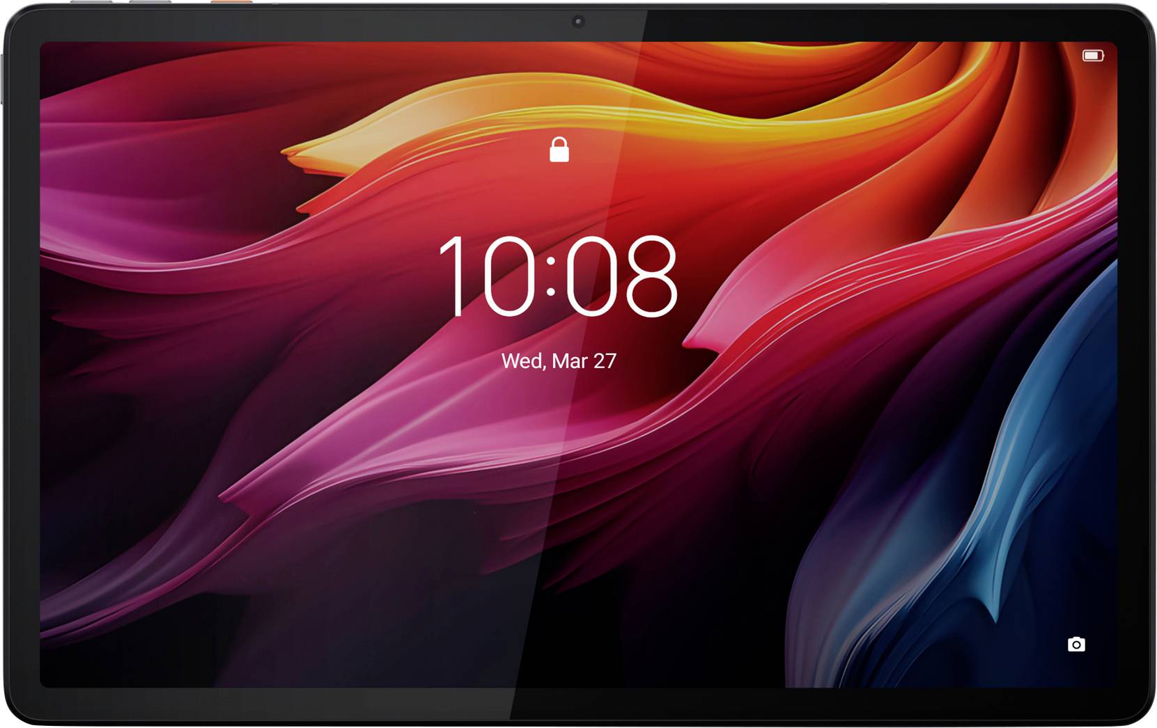 Ein Tablet-Bildschirm zeigt ein helles, wirbelndes abstraktes Design mit der Uhrzeit '10:08' und dem Datum 'Mi, Mär 27'. Ein Schloss-Symbol befindet sich in der oberen Mitte.