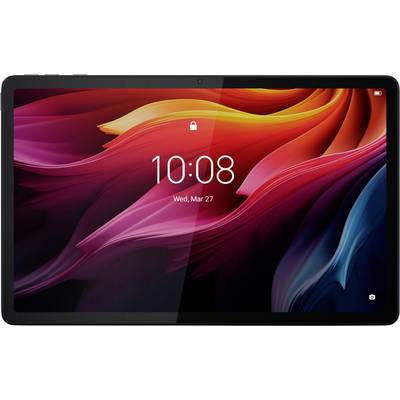 Ein Tablet-Bildschirm zeigt ein helles, wirbelndes abstraktes Design mit der Uhrzeit '10:08' und dem Datum 'Mi, Mär 27'. Ein Schloss-Symbol befindet sich in der oberen Mitte.