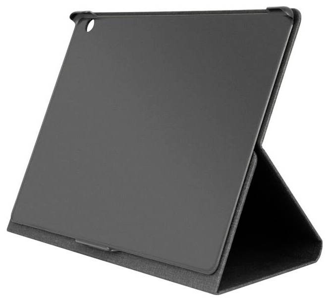 Ein schwarzer Tabletschutz steht offen in einem Winkel und bildet eine dreieckige Stütze, wobei eine Kameraöffnung an der Oberseite sichtbar ist.