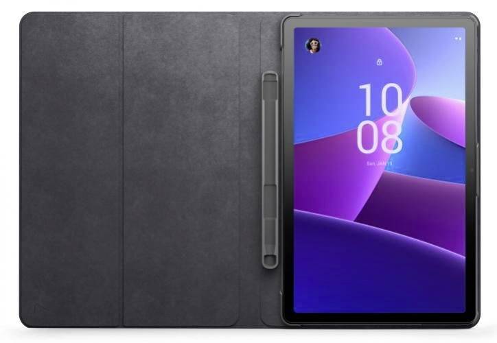 Tablet mit schwarzer Hülle geöffnet, Bildschirm zeigt lila und blaue Wellenmuster, Zeit '10:08' angezeigt.