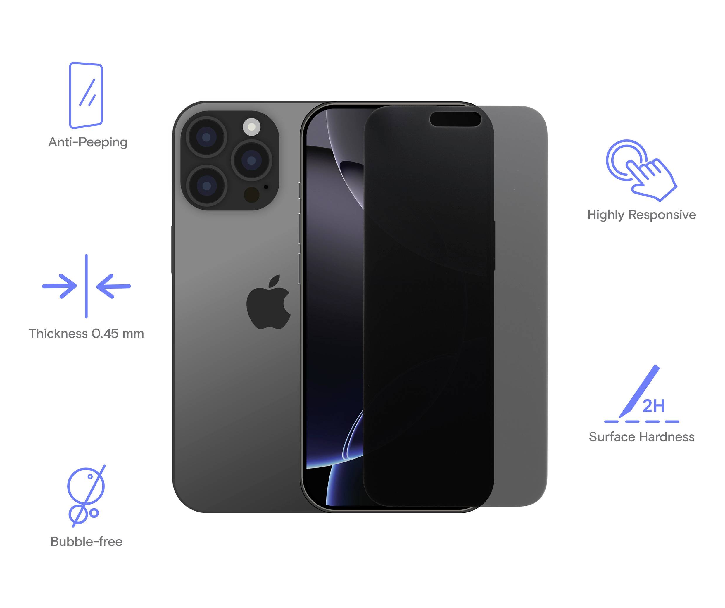Ein Smartphone mit mattem Schutzglas. Eigenschaften: Anti-Spionage, Dicke 0,45 mm, hohe Reaktionsfähigkeit, Härtegrad 2H, blasenfrei.