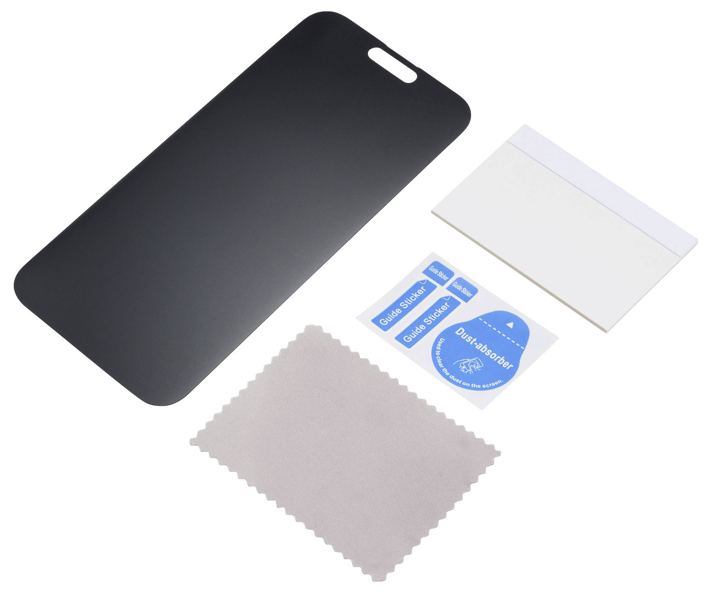 Smartphone Displayschutz-Set mit Führungsstickern, Staubabsorber, Reinigungstuch und Auftragskarton.