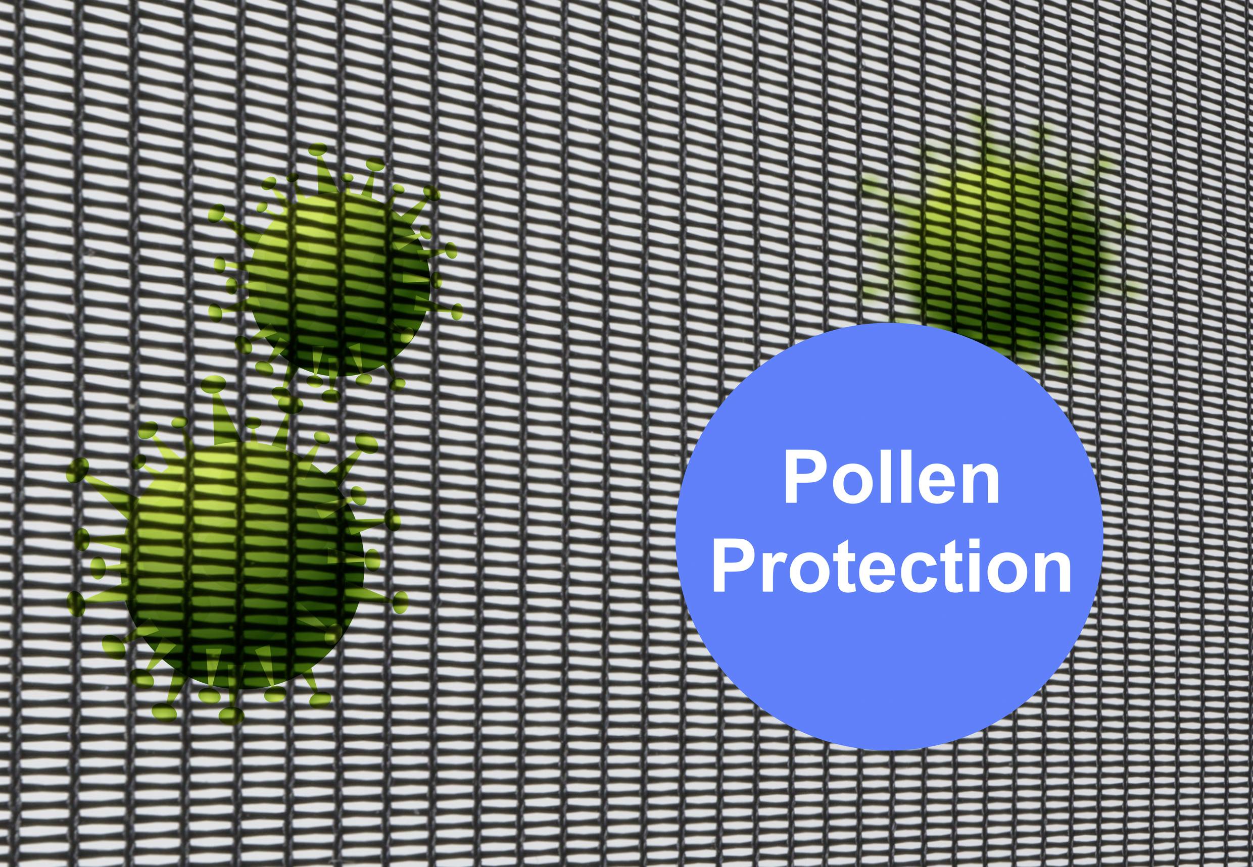 Ein engmaschiges Gitter mit grünen Pollenillustrationen und einem blauen Kreis mit der Aufschrift 'Pollen Protection'.
