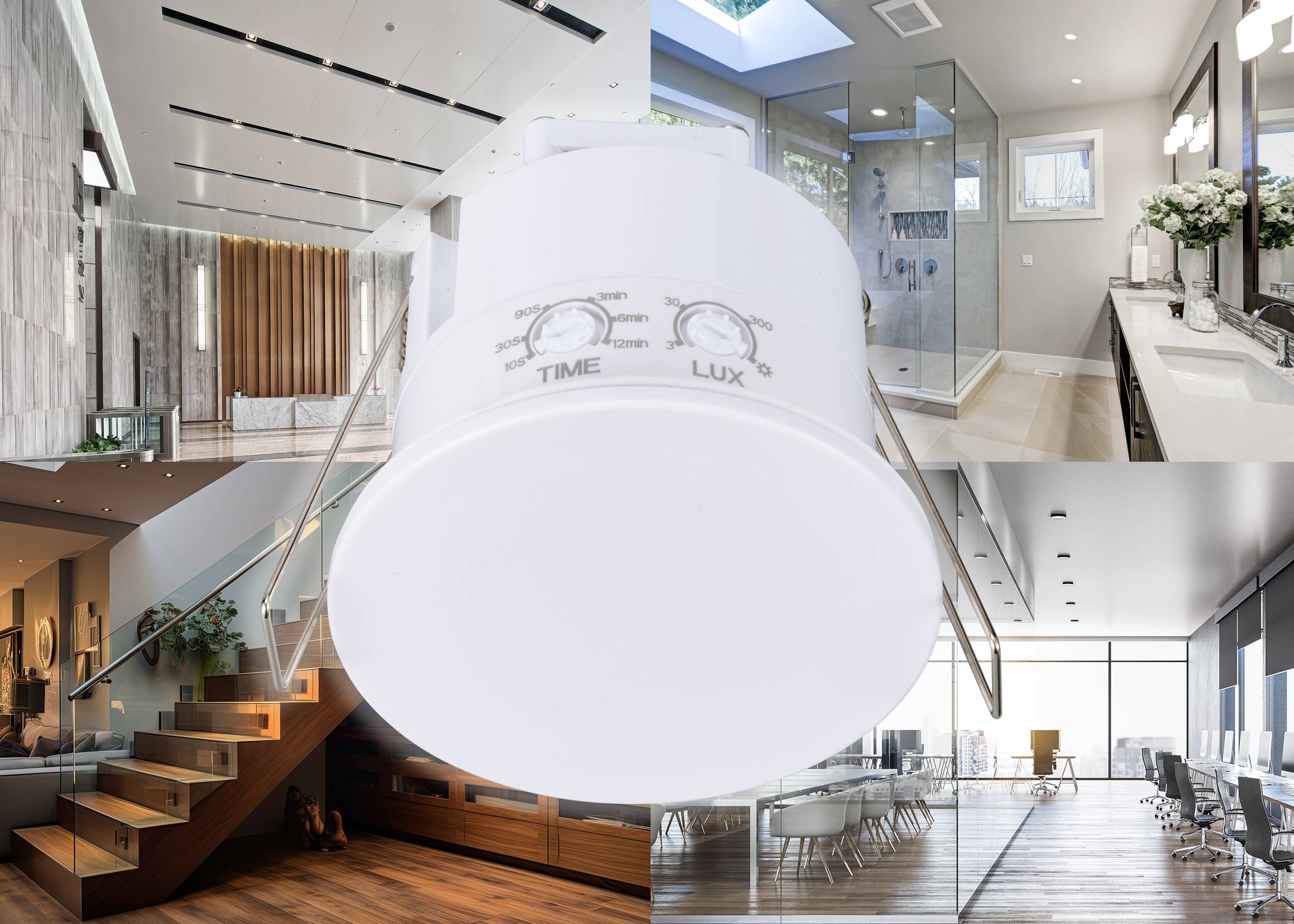 Bewegungsmelder im modernen Design, eingebettet in luxuriöse Innenräume wie Wohnzimmer, Büro, Bad. Steuerung für 'Time' und 'Lux'.