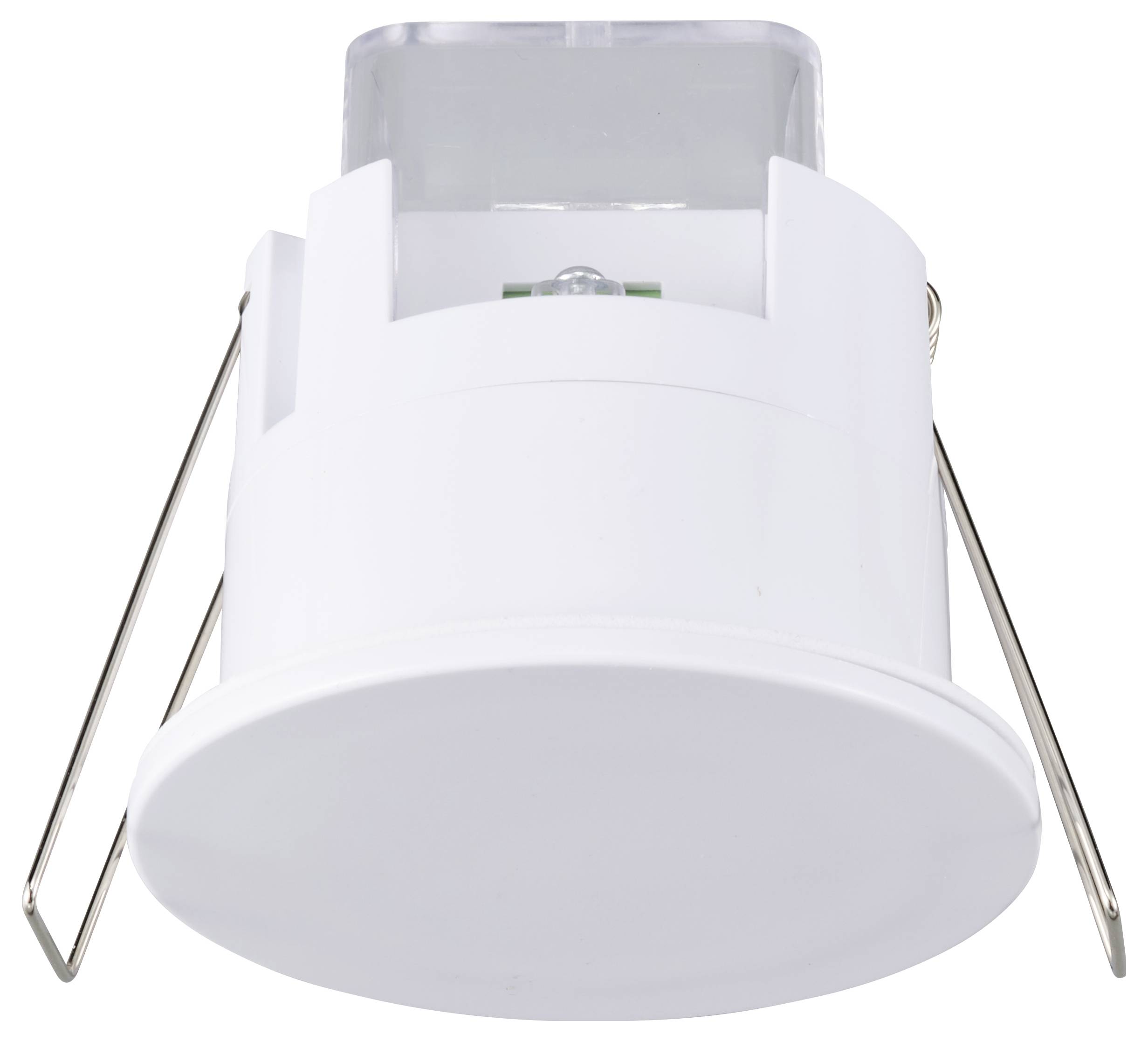 Weiße Deckenleuchte mit zylindrischem Design und Metallhalterungen. LEDs sind sichtbar.