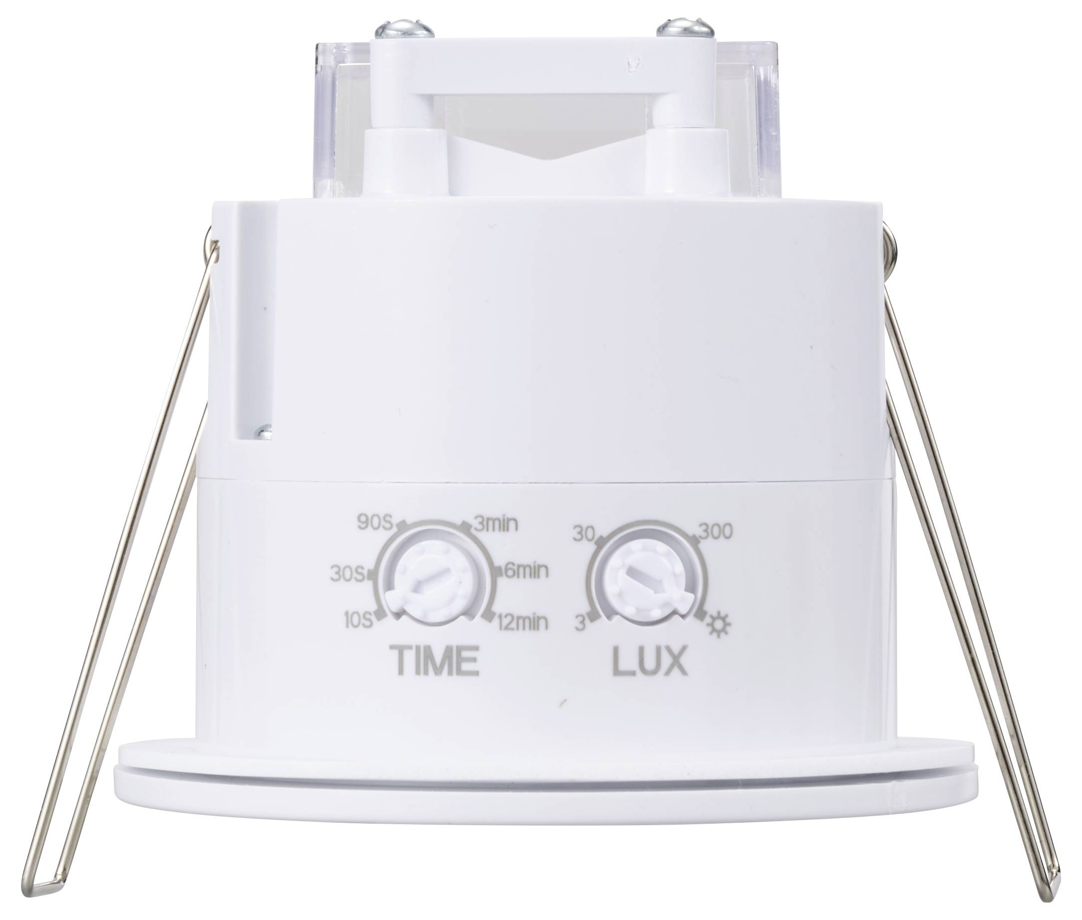 Bewegungsmelder in Weiß mit einstellbarem Zeit- und Lux-Regler.