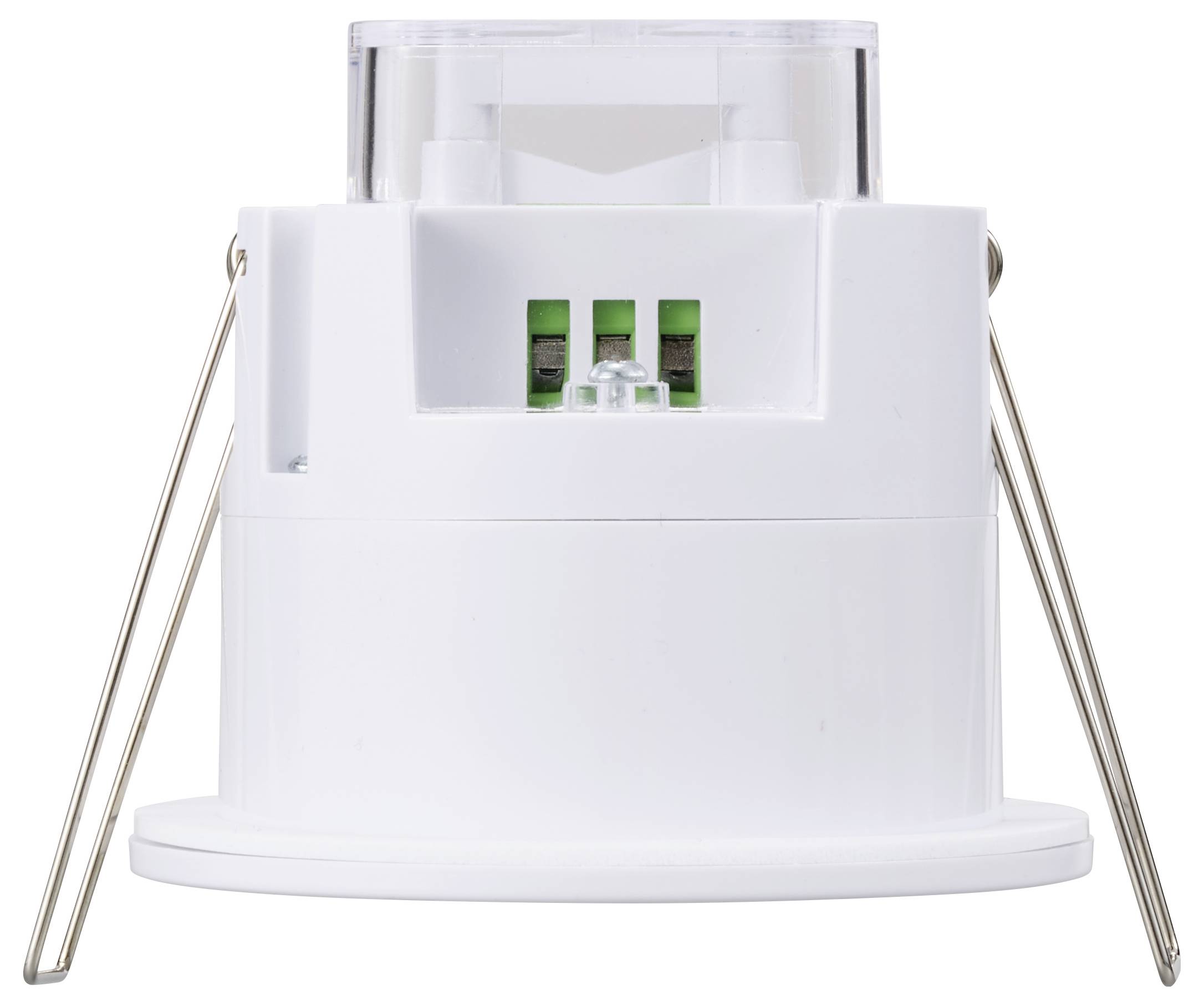 Weißer Deckenstrahler mit Metallklammern und grünem Kabelanschluss, seitliche Ansicht. Geeignet für Einbau in Hohlräumen.