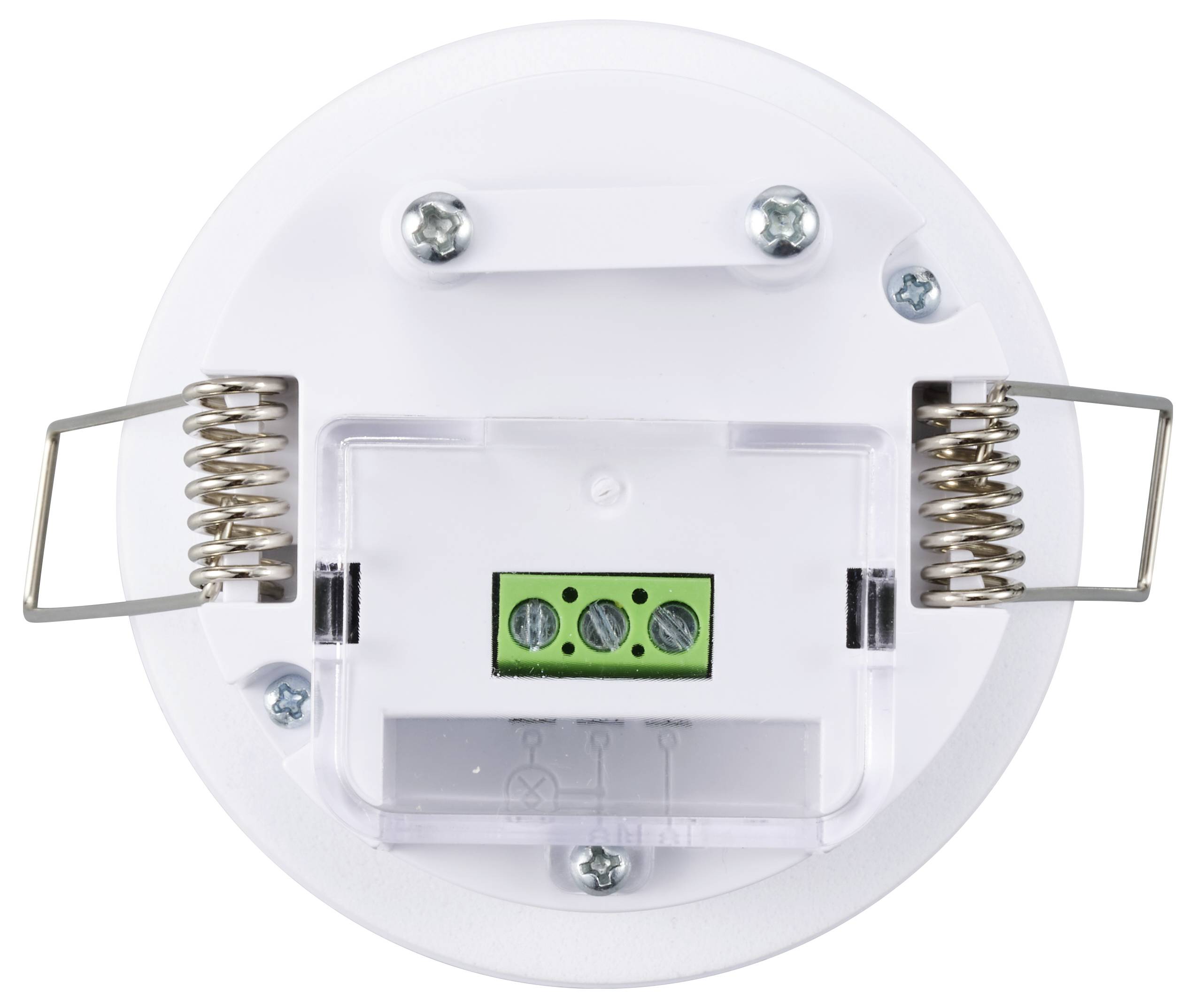 Anschlussmodul mit drei grünen Steckplätzen, zwei Metallfedern und vier Schrauben auf einer runden weißen Basis.