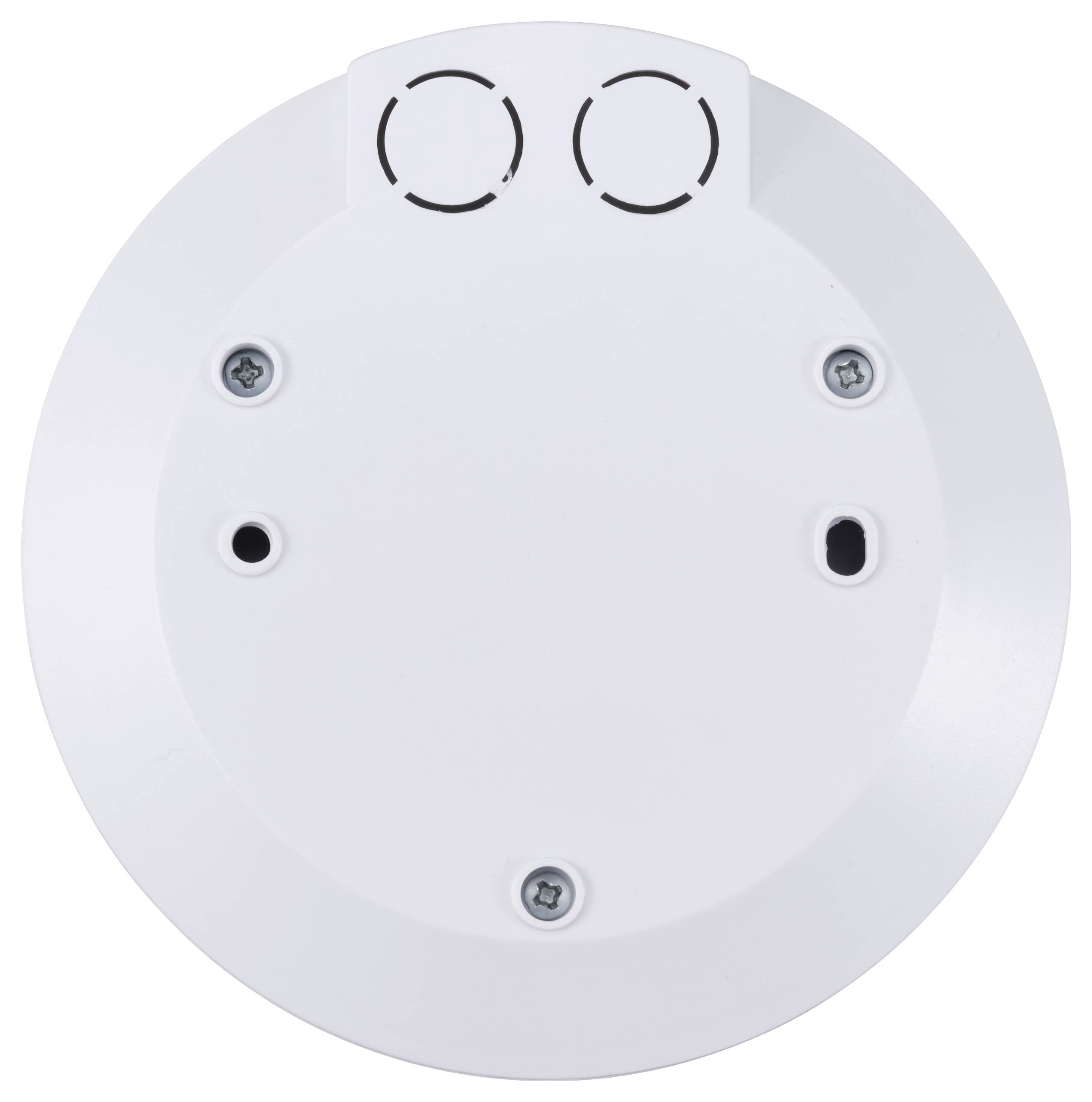 Ein weißer runder Deckenmontagehalter mit mehreren Löchern und Schrauböffnungen, vermutlich für ein elektronisches Gerät.