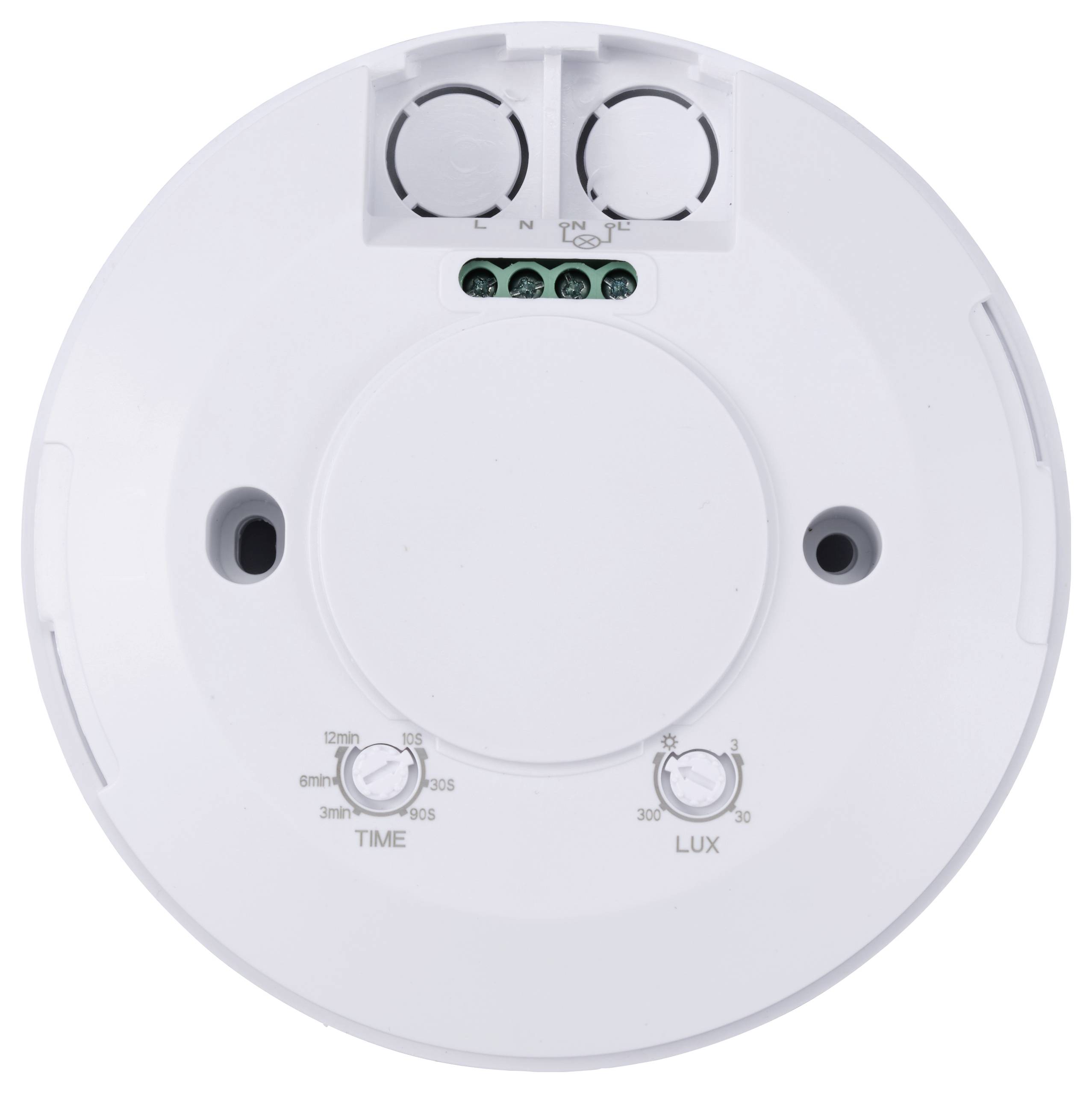 Ein runder Bewegungssensor mit zwei Reglern für Zeit ('TIME') und Lichtempfindlichkeit ('LUX'), sowie Anschlüssen für Verkabelung.