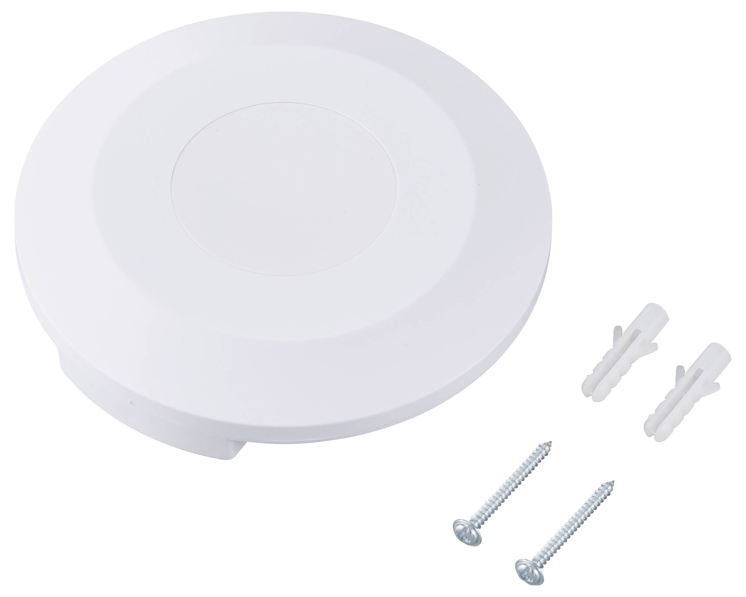 Rundes weißes Kunststoffgehäuse mit zwei Schrauben und Dübeln, zum Befestigen an der Wand. Geeignet für Elektroinstallation.