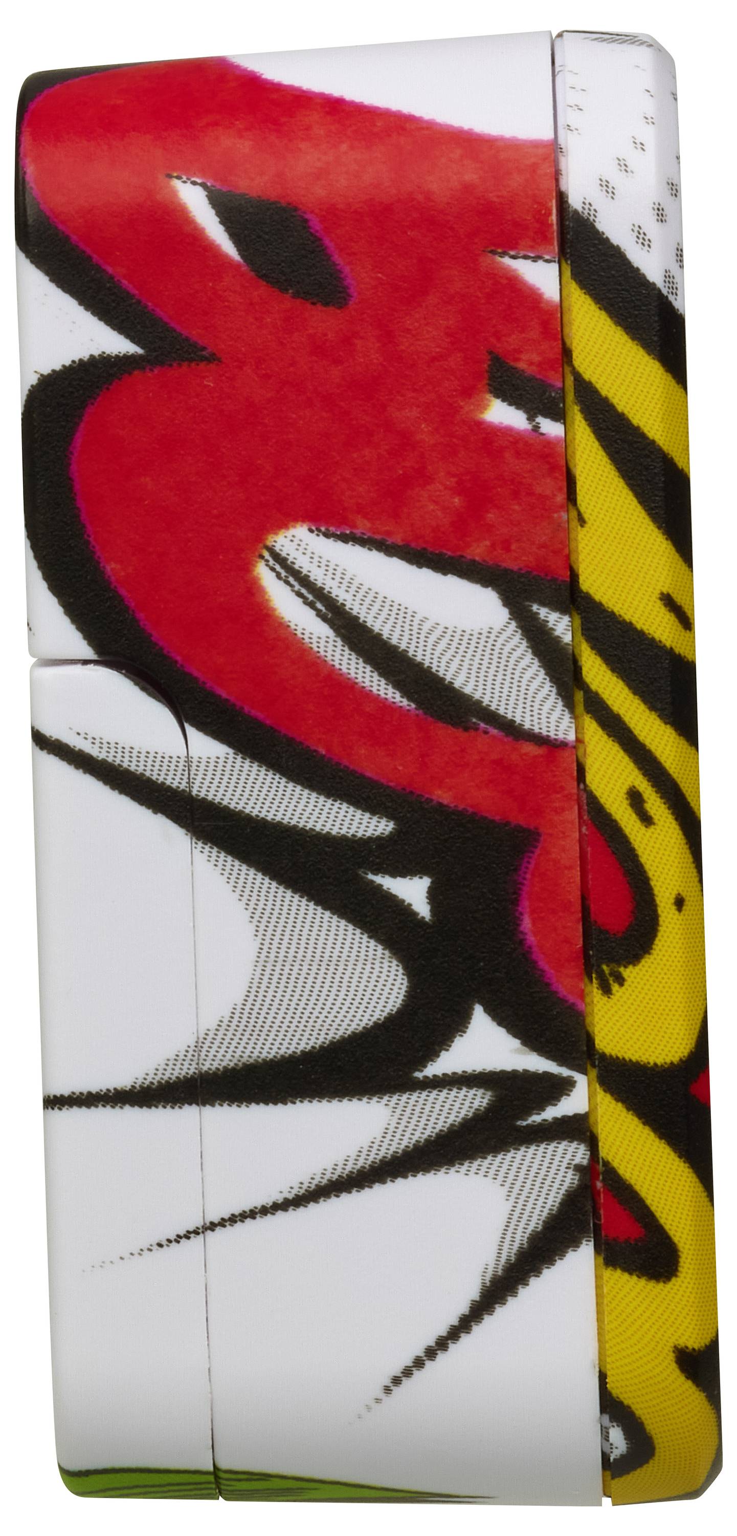 Feuerzeug mit buntem Graffiti-Design in Rot, Gelb, Schwarz und Weiß.