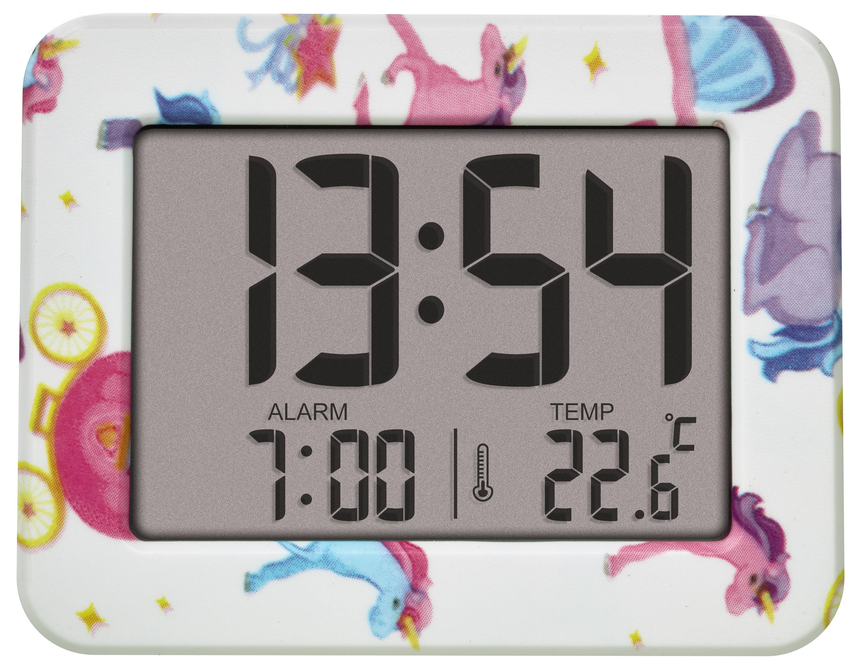 Digitale Uhr mit bunten Motiven, zeigt Zeit '13:54', Weckzeit '7:00', und Temperatur '22,6°C'.