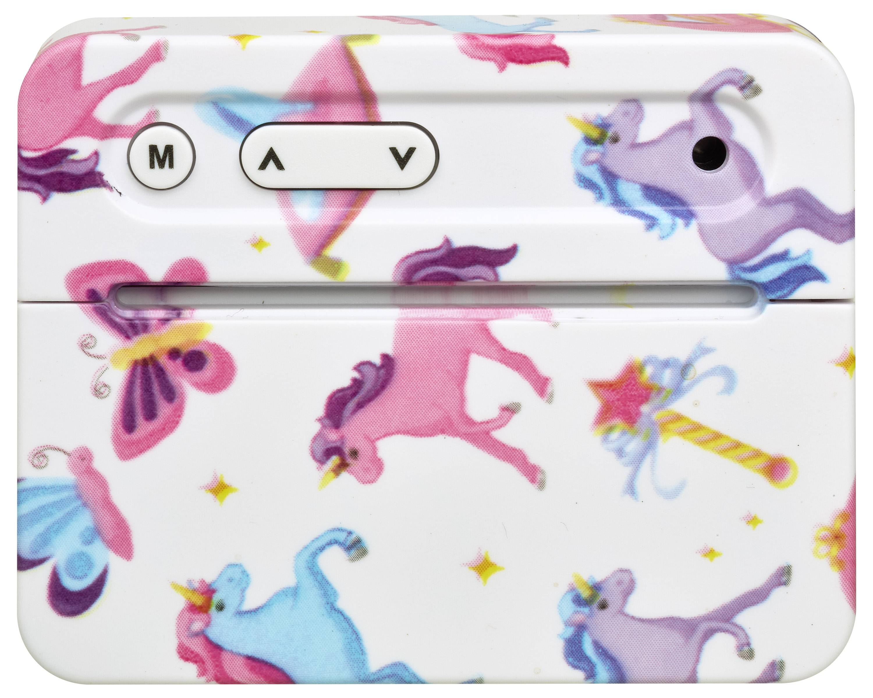 Weiße Box mit bunten Einhorn- und Schmetterlingsmotiven. Zwei Tasten 'M' und Pfeil nach unten. Schlitz und kleiner runder Sensor.