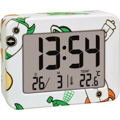 Ein digitaler Wecker mit farbigem Cartoon-Muster zeigt die Uhrzeit 13:54, das Datum 26. und 31. sowie die Temperatur 22,6 °C an.