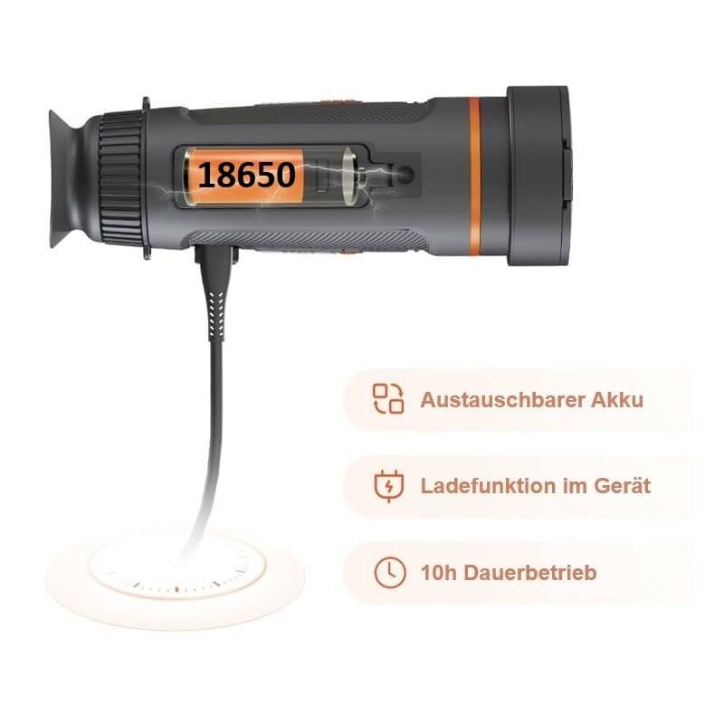 Ein tragbares Gerät mit Batteriegröße '18650', drei Hauptfunktionen: austauschbarer Akku, Ladefunktion, 10 Stunden Dauerbetrieb.