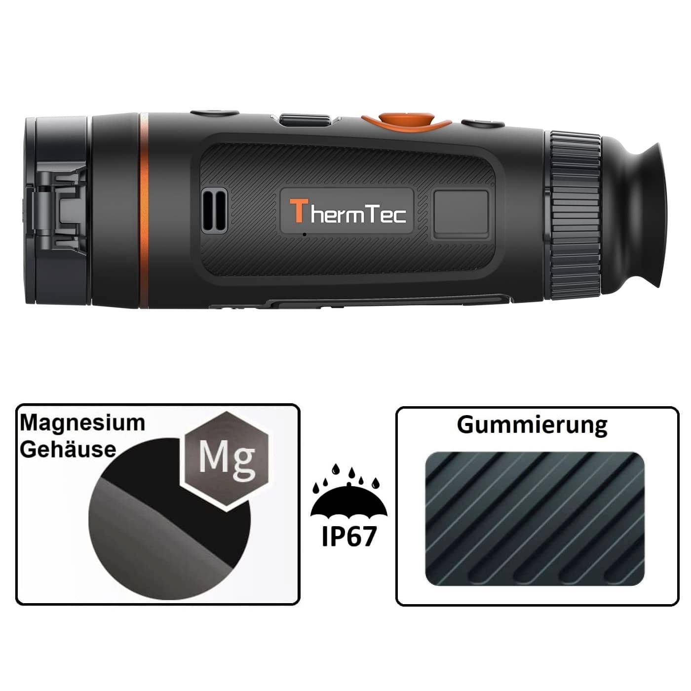 Ein schwarzes, kompaktes Thermo-Gerät mit Magnesiumgehäuse und Gummierung. Wasser- und staubdicht nach IP67.