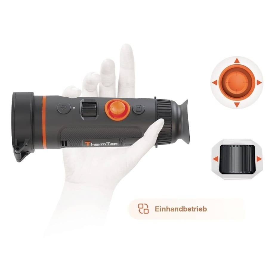 'ThermTec Optikgerät im Einhandbetrieb. Enthält roten Steuerknopf und Fokussierring. Illustrationen zeigen Bedienungselemente.'
