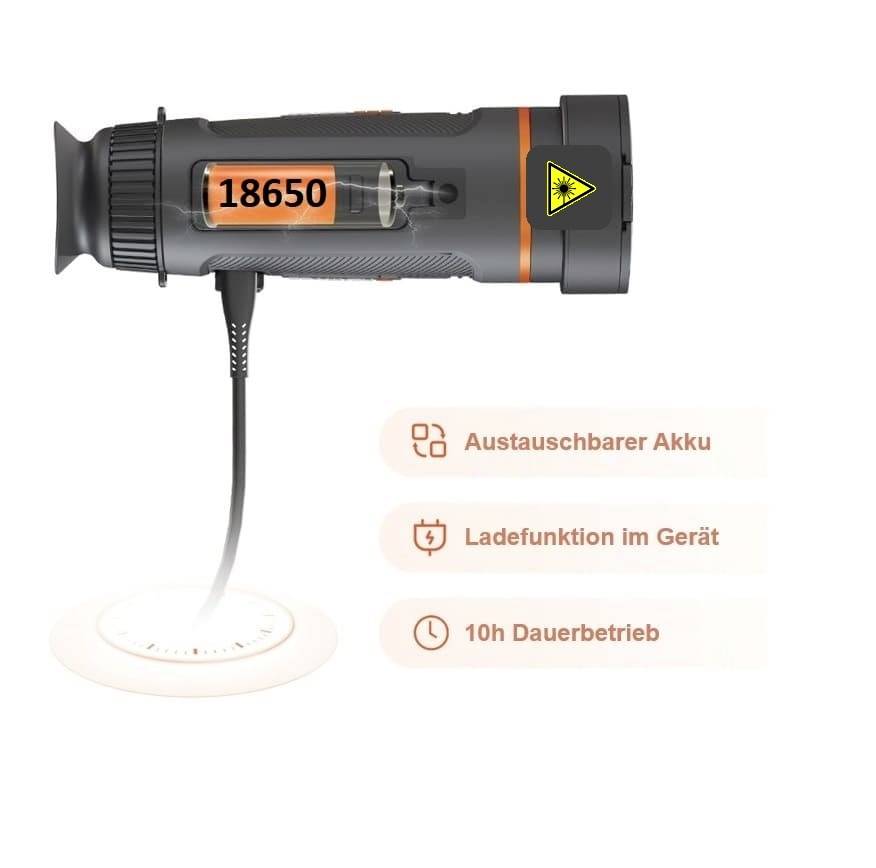 Tragbare Lampe mit der Aufschrift '18650', zeigt austauschbaren Akku, Ladefunktion im Gerät und 10 Stunden Dauerbetrieb.