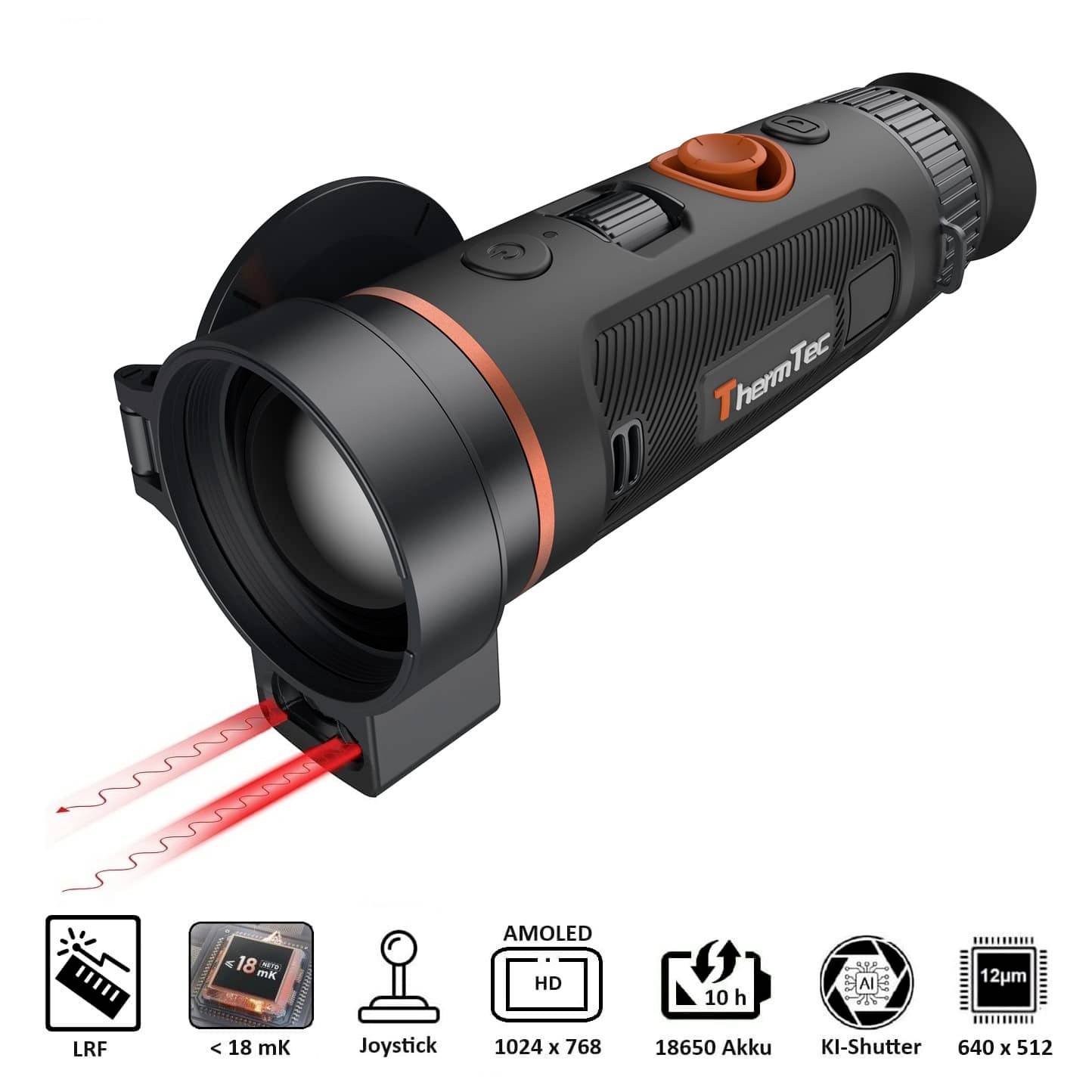 Ein schwarzes Wärmebild-Monokular mit rotem und orangefarbenem Akzent, Laserentfernungsmesser und Akkulaufzeit von 10 Stunden. Symbole darunter zeigen Spezifikationen.