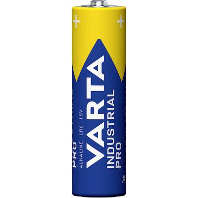 Blauer und gelber VARTA Industrial Pro Alkaline LR6 1,5V Batterie mit weißem Markennamen und technischen Spezifikationen.