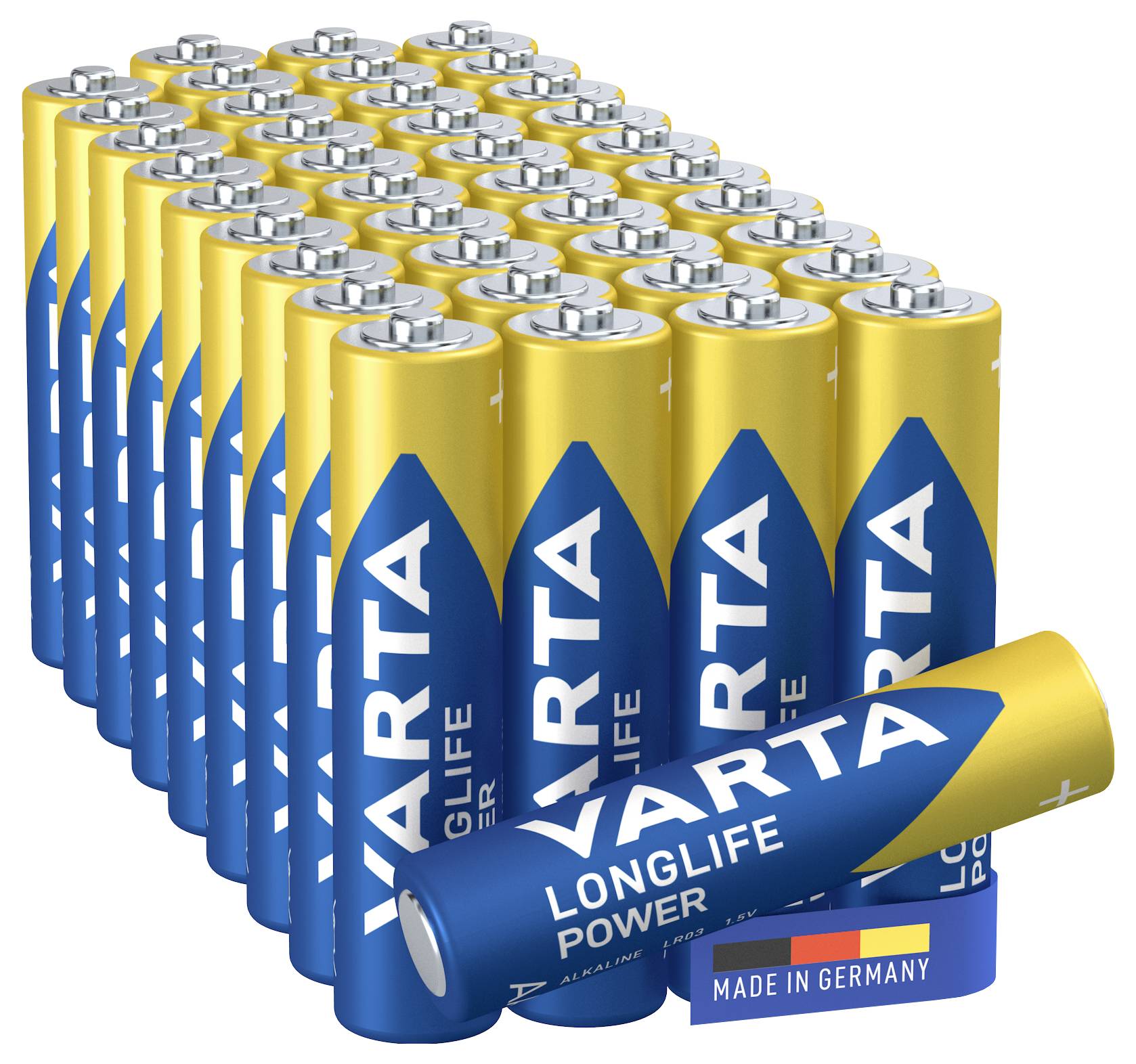 'Ein Stapel von 40 Varta-Batterien mit blauer und gelber Verpackung und der Aufschrift "LONG LIFE POWER" und "MADE IN GERMANY".'