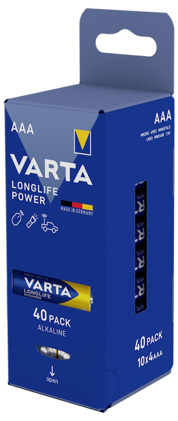 Blaue Verpackung mit 40 AAA-Alkaline-Batterien von Varta, bezeichnet als 'Longlife Power'. Produkt aus Deutschland.