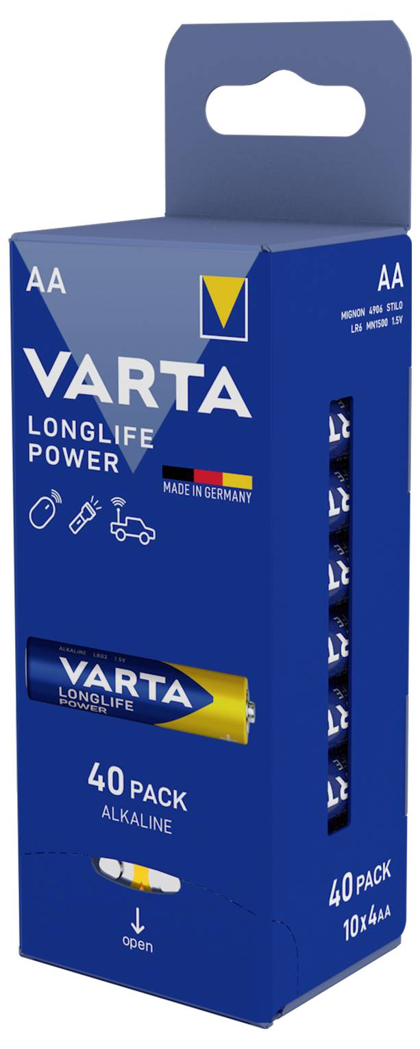 'VARTA Longlife Power' AA-Batterieverpackung, 40er-Pack. Blaues Design, betont 'Made in Germany' und Alkaline-Technologie.