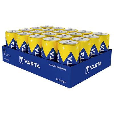 Eine blaue Schachtel mit zwanzig gelben Batterie-Dosen von Varta, Aufschrift 'MADE IN GERMANY', angezeigt in fünf Reihen.