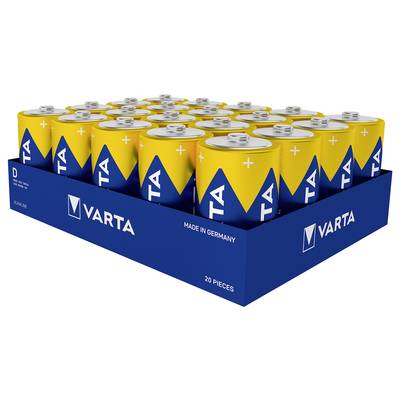 Packung mit 20 gelb-blauen Varta-D-Batterien, kennzeichnet durch 'Made in Germany'.