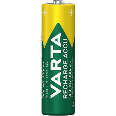 Batterie mit gelb-grünem Design, Marke 'VARTA', Typ 'RECHARGE ACCU', NiMH, 800mAh, 1,2V. Oben sind Plus- und Minus-Symbole.