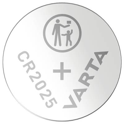 Knopfzelle mit der Aufschrift 'CR2025 VARTA' und einem Symbol, das einen Erwachsenen und ein Kind zeigt.