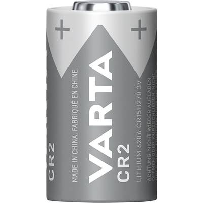 Eine silberne Lithium-Batterie vom Typ CR2 der Marke Varta, beschriftet mit 'Made in China'.