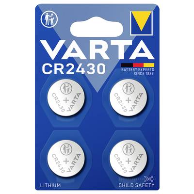 'VARTA CR2430' Batteriepack mit vier Lithium-Knopfzellen, kindersicher, auf blauer Verpackung. Geeignet für Elektronikgeräte.