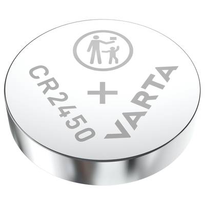Eine runde silberne Knopfzelle mit der Aufschrift 'CR2450' und 'VARTA'. Oben ist ein Symbol für die Gefahr des Verschluckens durch Kinder.