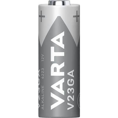 Silberne Batterie mit der Aufschrift 'VARTA V23GA, Alkaline, 12V'. Ober- und Unterseite haben ein Plus- und Minus-Symbol.