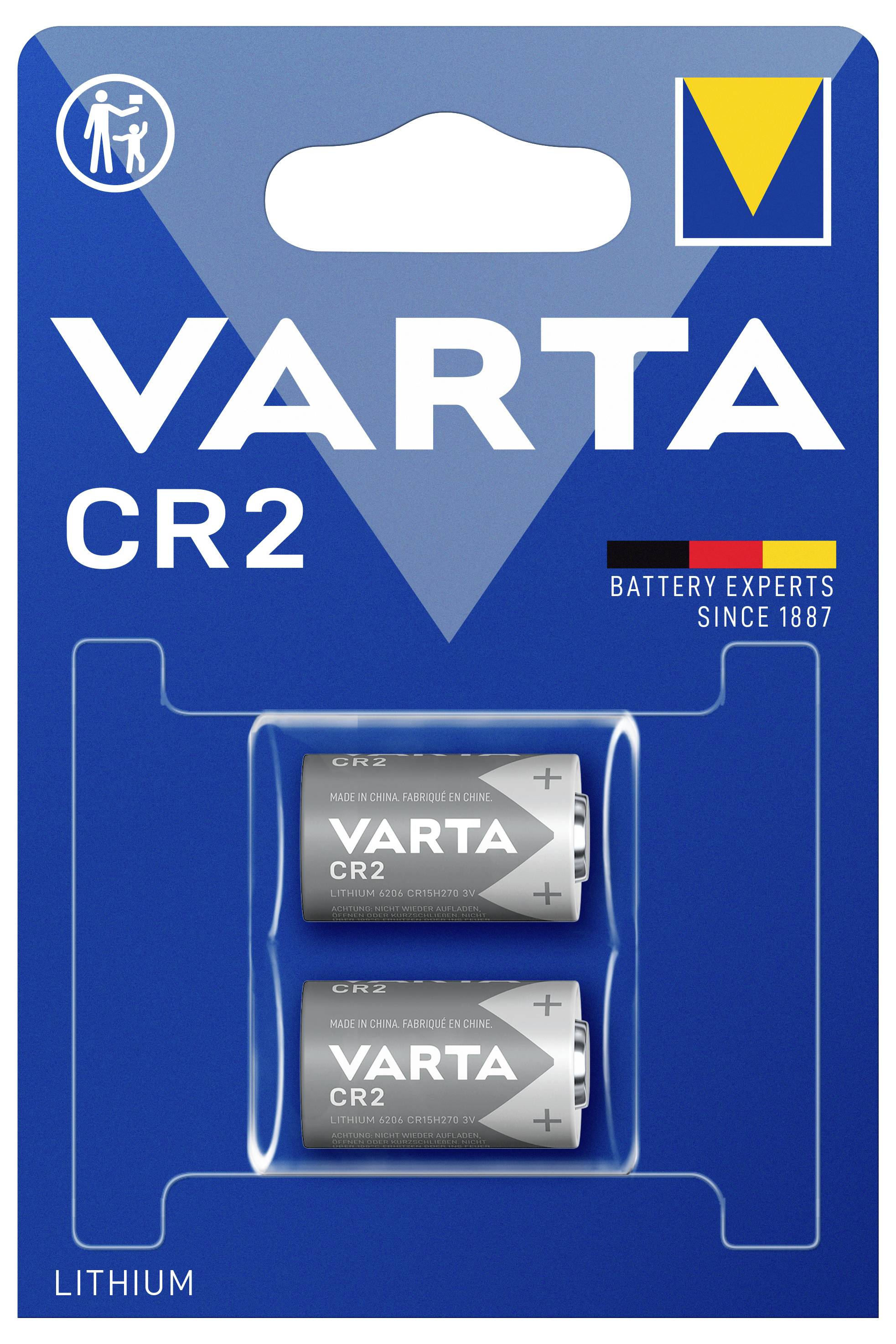 Zwei graue CR2-Lithiumbatterien der Marke Varta in einer blauen Verpackung mit weißem Text.