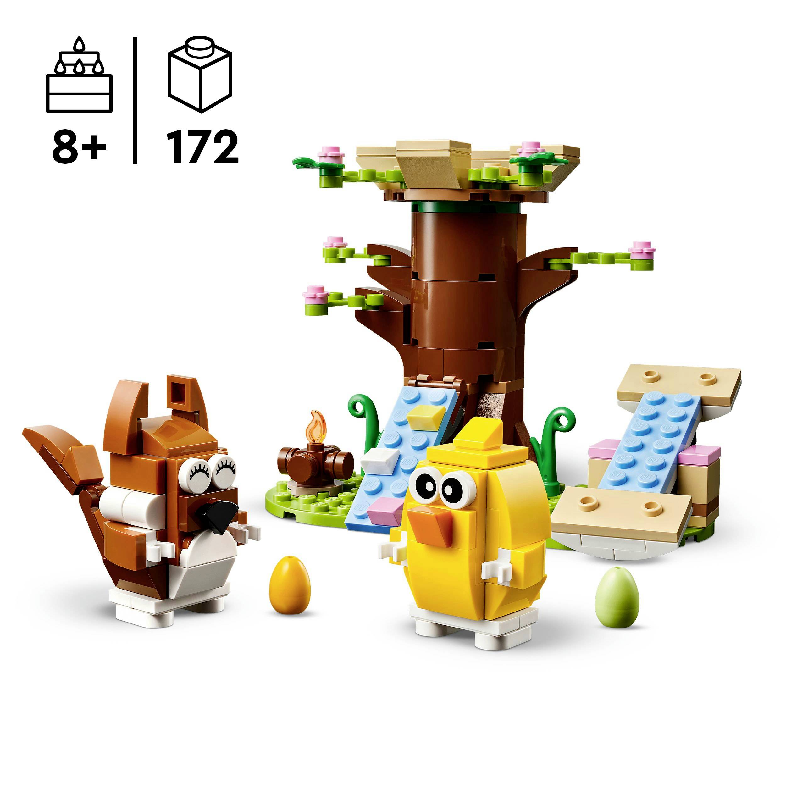 Lego-Bausatz mit 172 Teilen: Ein Baum mit Schaukel, ein Eichhörnchen, ein Küken und Ostereier. Empfohlen für Kinder ab 8 Jahren.