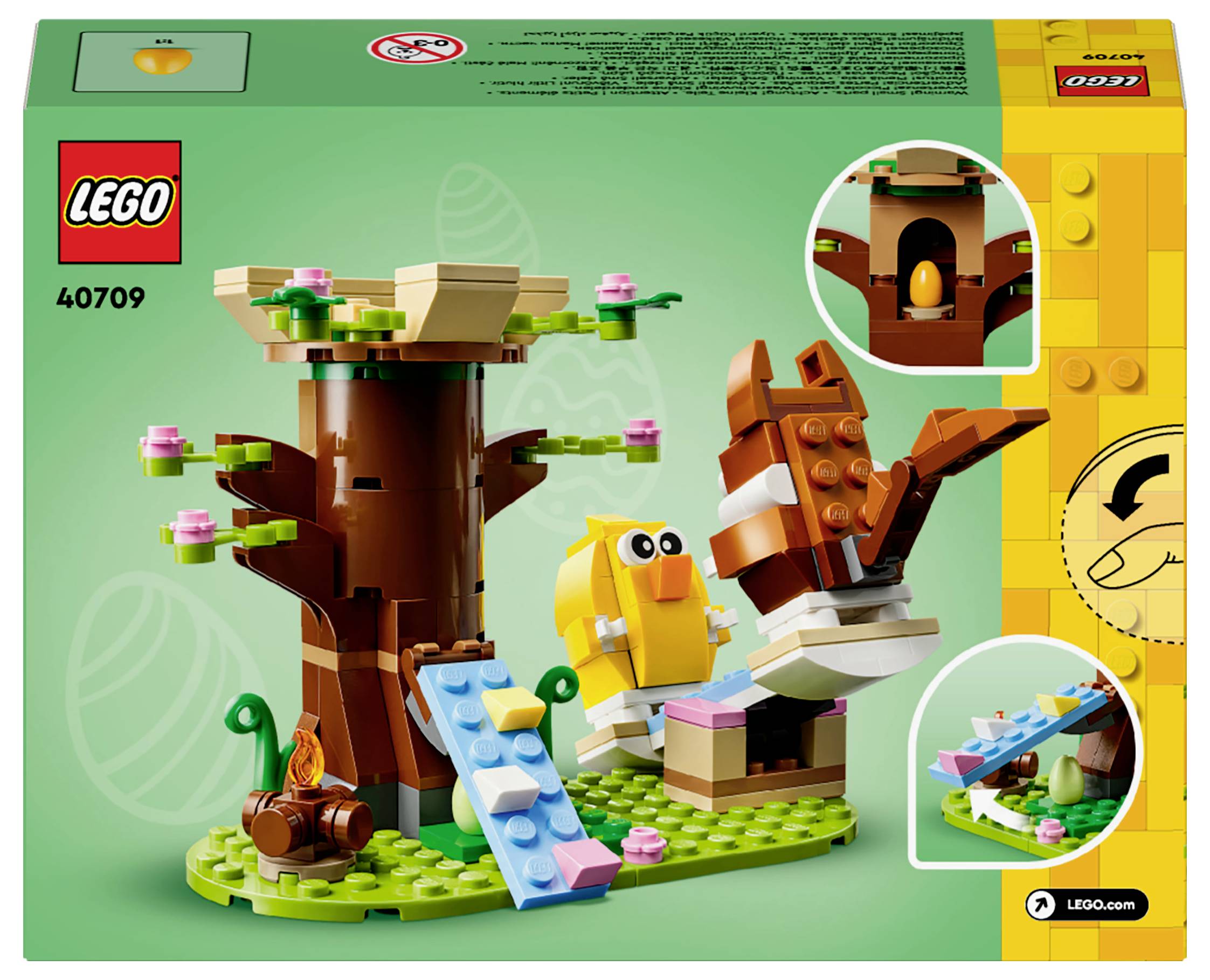 Lego-Set mit einem Baum und einem gelben Vogel. Der Baum hat bunte Blumen und eine Rutsche. Zwei kreisförmige Einsätze zeigen Details.